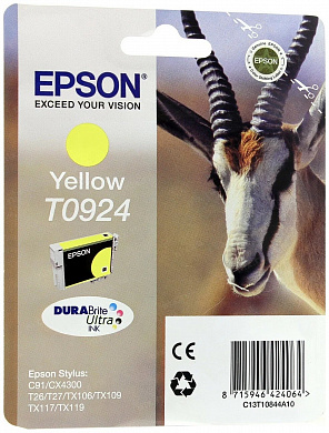 Оригинальный картридж T09244А/T1084 (C13T09244A10) для Epson Stylus C91/ T26/ T27/ СX4300/ CX9300F/ TX106/ TX109/ TX117/ TX119 Yellow (480стр. 5,5ml)